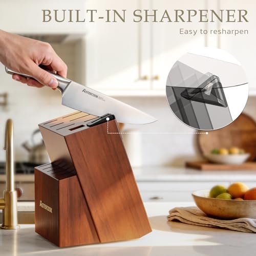 Elegant Walnut Pro Full Tang 15-Piece Kitchen Knife Set with Sharpener & Block