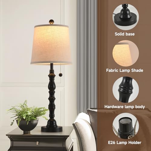 Terpsichore Set of 2 Black Farmhouse Table Lamps with Fabric Shades - 26.25 Inch Bedside & Living Room Decor