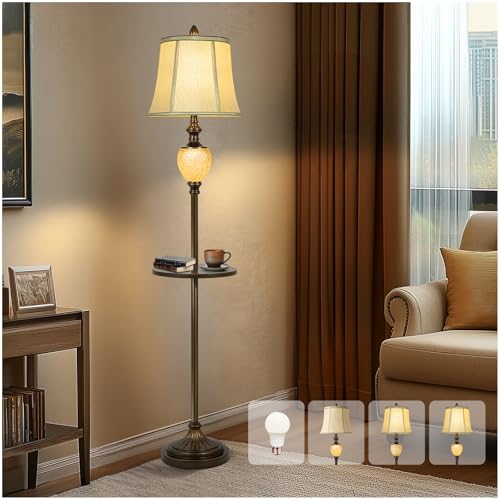 Dark Brown 64-Inch Vintage Floor Lamp with Tray & Nightlight, Faux Silk Shade
