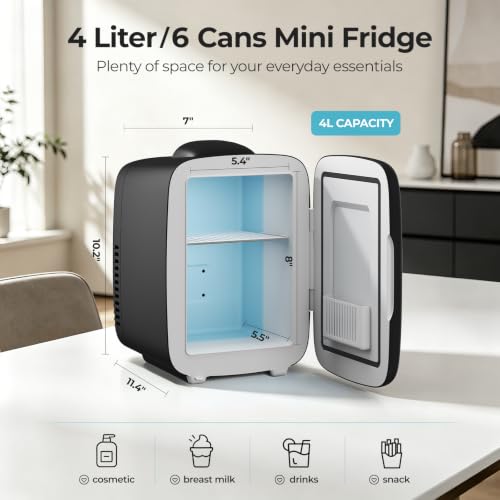 BEICHEN Portable Mini Fridge 4L/6 Can Cooler & Warmer Black, Quiet Office & Travel Refrigerator