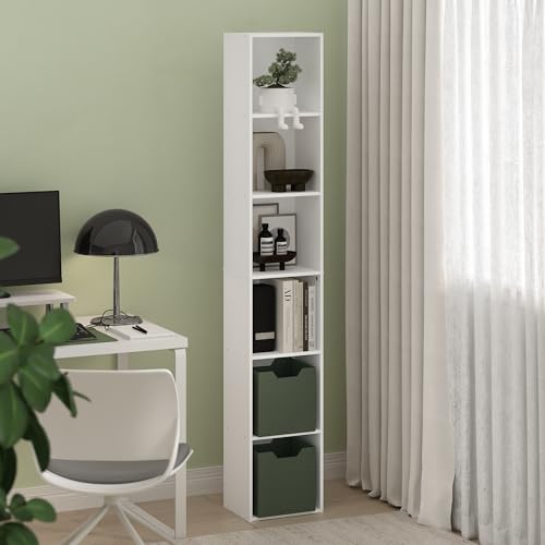 White 6-Tier Tall Modern Bookshelf - Slim Vertical Bookcase, 12.1-Inch Wide
