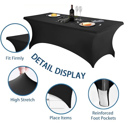 Stretch Fitted Black Tablecloth for 6ft Rectangular Tables - 6 Pack, 30x72 Inches, Spandex Washable Event Cover - Variation of 6