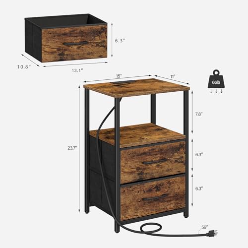 Set of 2 Nightstands with Charging Station Brown - End Tables with USB & AC Outlets