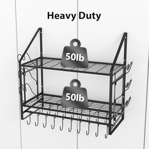 VyGrow 28 Inch Black 2-Tier Wall Mounted Pot Rack with 20 Hooks & Lid Holders