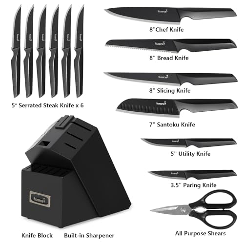 Black 15-Piece Kitchen Knife Set with Block - High Carbon Stainless Steel