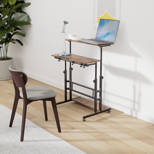 Hadulcet Adjustable Mobile Standing Desk with Charging Station - Rustic Brown, 31.5"