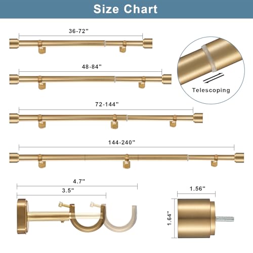 Heavy-Duty 1 1/8 Inch Diameter Telescoping Curtain Rod with Adjustable Brackets - Warm Gold, 144-240"