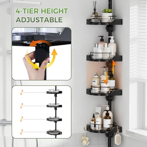 4-Tier Rotating Shower Caddy - Black, Adjustable Rustproof Tension Pole Bathroom Organizer