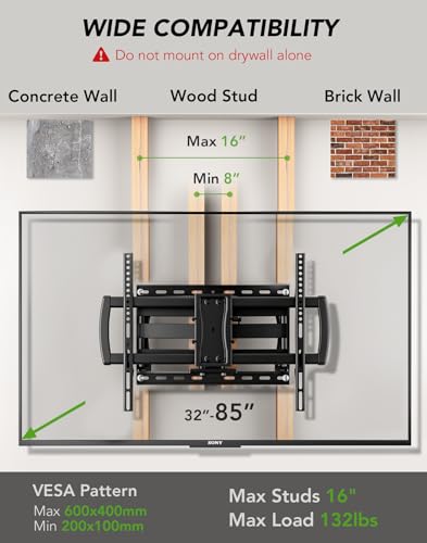 32-85 Inch Full Motion TV Wall Mount Bracket with Dual Articulating Arms, Tilt, Swivel & Leveling - Fits 8-16 Inch Studs, Max 132lbs, AX WABER