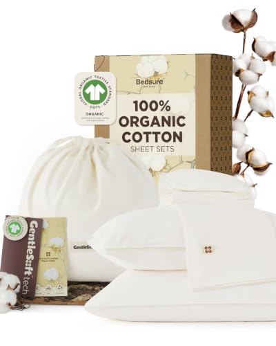 Bedsure Organic Cotton Full Sheet Set Ivory 4PCS - GOTS Certified, Soft & Durable