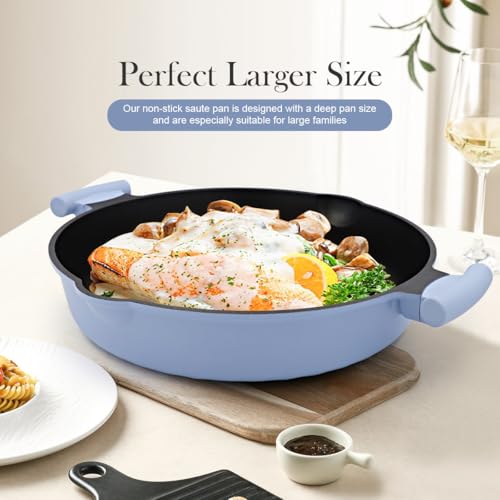 14 Inch Deep Frying Pan Skillet with Lid - Nonstick, Blue