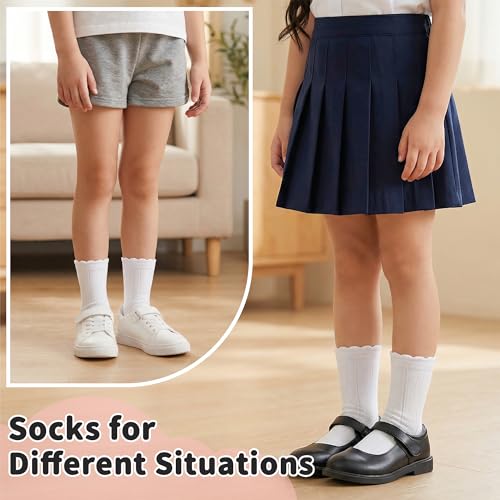 Girls Socks 6 Pairs Cotton Ruffle Crew Ankle Socks for Ages 2-14, White, Size 6-8 Years