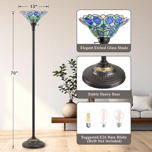 Tiffany Style Floor Lamp with Stained Glass Shade - 70" Torchiere for Living Room