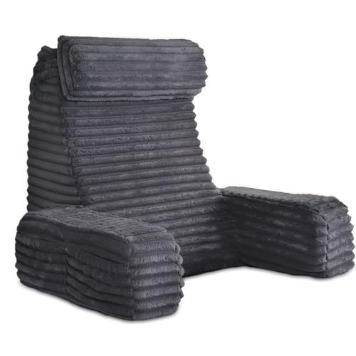 XL Back Pillow for Bed Sitting with Armrests & Large Pockets - Dark Grey