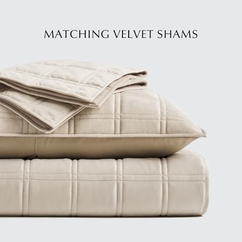 EverGrace Luxurious Velvet Quilt Set Queen Double Box Stitch Beige 3 Pieces