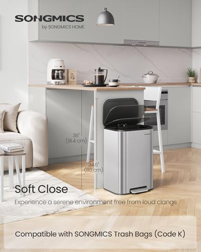 SONGMICS 13-Gallon Kitchen Trash Can Stainless Steel Soft Close - Metallic Silver