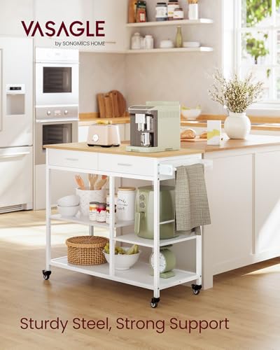 VASAGLE Kitchen Island Cart with Storage, 2 Drawers & Towel Rack - Oak Beige White, 17.7D x 38.8W x 35.4H