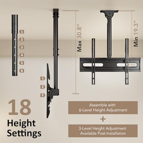 26-65 Inch Ceiling TV Mount Adjustable Bracket for Flat-Panel LCD LED OLED 4K TVs - Max VESA 400x400mm, Holds 88 lbs, Without Power Outlet