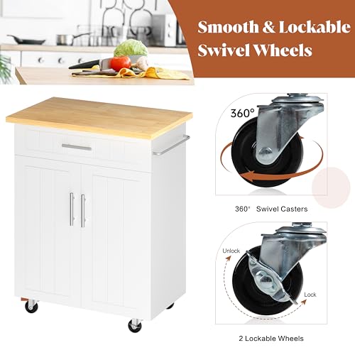 Kitchen Island Cart with Storage & Rubberwood Top - White / 26"
