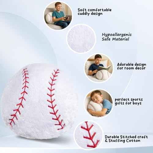 Baseball Pillow Plush Boys: Soft Stuffed Throw Toys Gifts Stuff Softball Sports Room Decor 8-12 Year Old