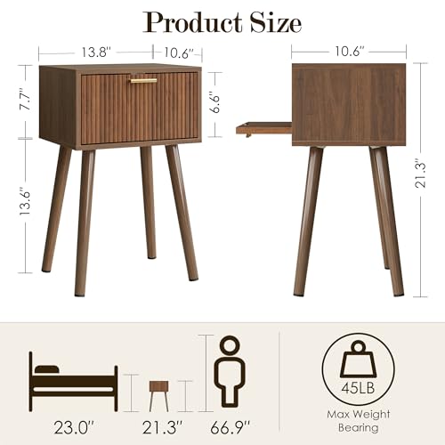 ASACESCU Walnut Night Stand Set of 2 with Fluted Doors - Modern Bedroom Furniture