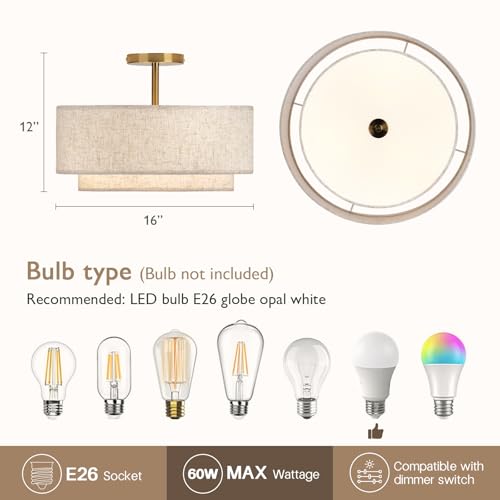 CALOKES 16-inch Gold Double Drum Semi-Flush Ceiling Light with Fabric Shade