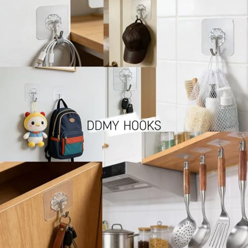 Transparent 100 Pack Heavy Duty Self Adhesive Hooks - Supports 50 lbs, Reusable Wall Hooks for Kitchen, Bathroom, Office, Outdoor