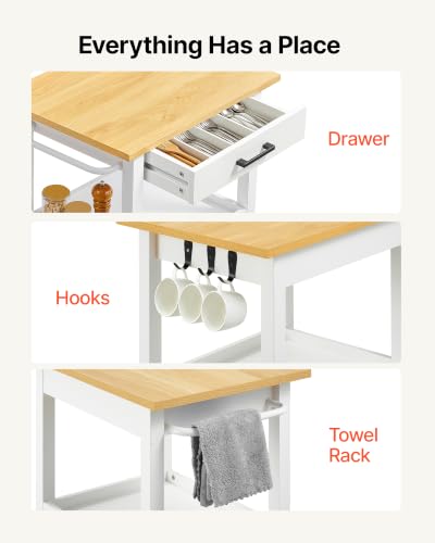White Kitchen Island Cart with Storage, Drawer, Towel Rack & Swivel Wheels - 23.2" W