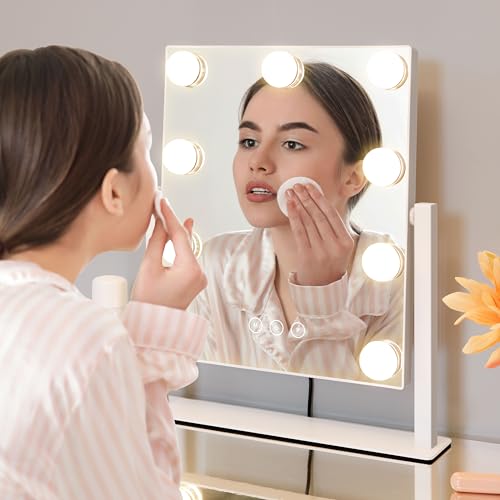 White 14.4" Lighted Vanity Mirror with 9 Dimmable Bulbs & 10x Magnification