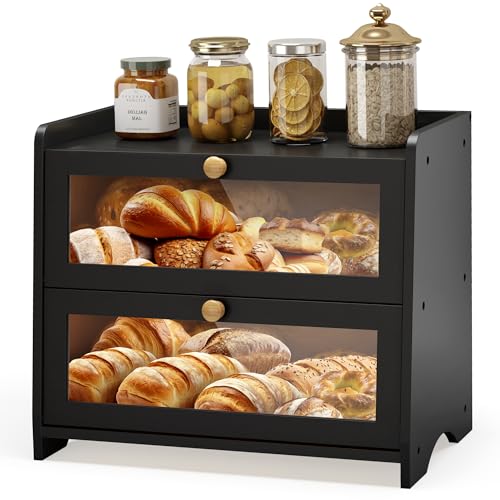 Black 2-Tier Double Layer Bread Box for Kitchen Countertop - Eco-Friendly Bamboo