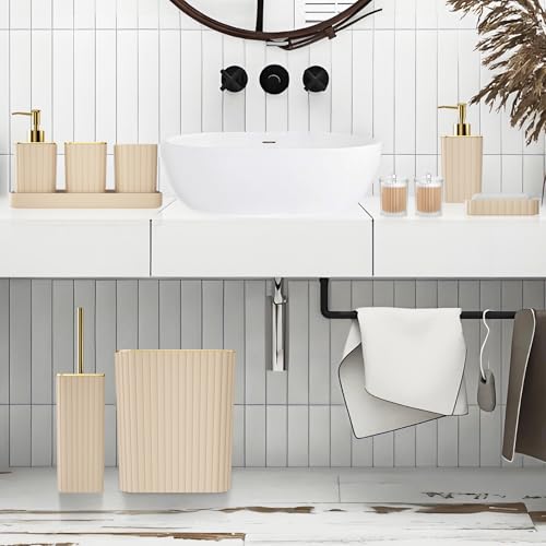 Beige & Gold Bathroom Accessories Set - 10 Piece Plastic Bath Set with Soap Dispenser and Tumbler