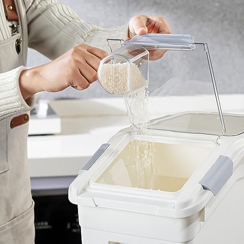 15L/30lb Rice Storage Container Set with Measuring Cup - BPA Free, White, 2 Pack