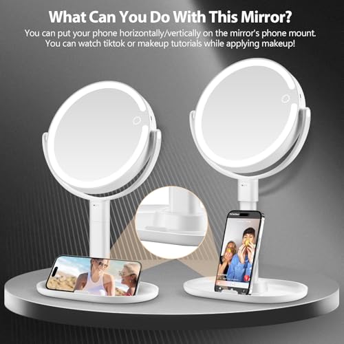 MIYADIVA White Makeup Mirror with Lights, 30X Magnification, Touch Control, Rechargeable Vanity Mirror with 3 Light Colors & 80 LEDs