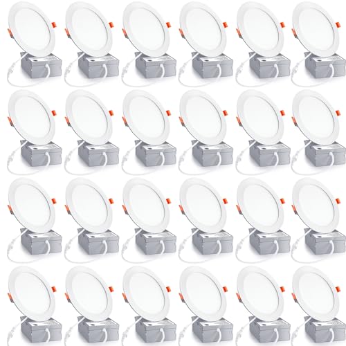 6 Inch LED Recessed Ceiling Light Kit - 24 Pack, 6000K Daylight, 12W Slim Downlight with Junction Box