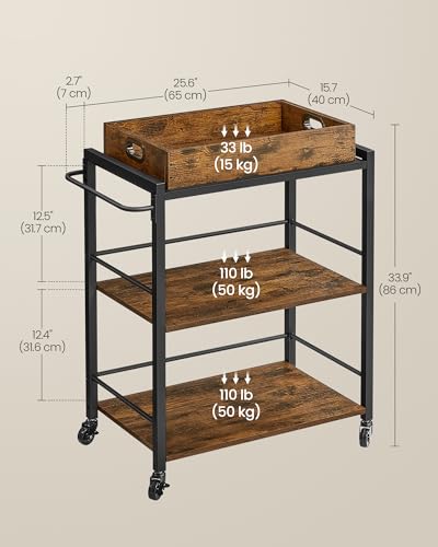 VASAGLE Rustic Brown and Black Bar Cart with Wheels, Wine Rack & Glass Holder - 15.7"D x 28.3"W x 33.9"H
