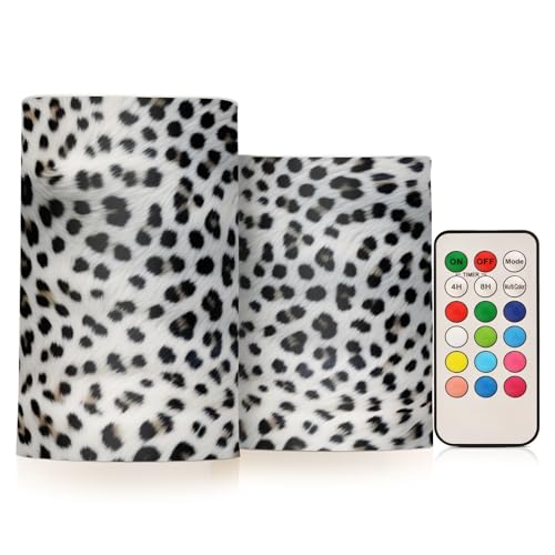 GUIJI White Leopard Print Flameless Candles with Remote Set of 2 - Battery Operated Home Decor