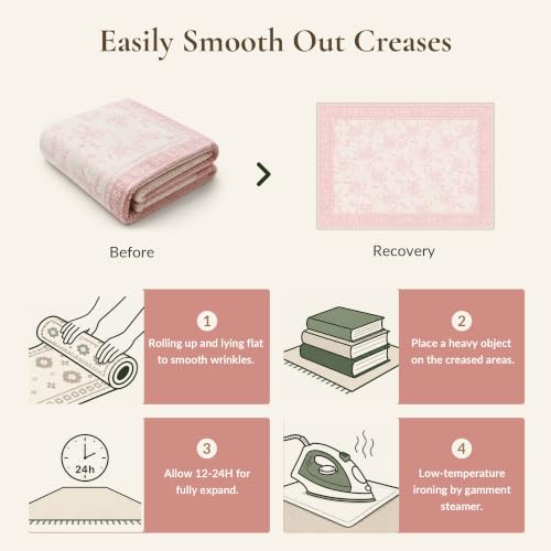 Pink Flower Washable Area Rug 5' x 7' Non-Slip Floral Living Room Decor