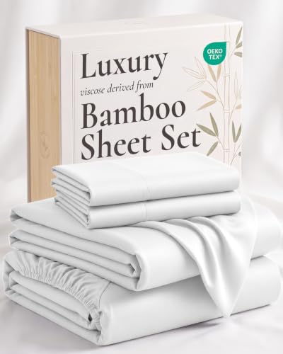 King Size Bamboo Bed Sheet Set - 4 Piece Luxury Cooling & Soft Bedding - White - Variation 01
