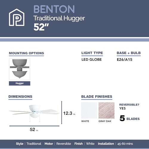 Indoor Ceiling Fan with Light - 52 Inch White & Gray Oak Blades, Flush Mount, Quiet 3-Speed