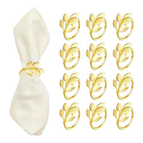 Napkin Rings Set of 12 - Gold Semicircle Metal Leaf Fall Thanksgiving Christmas Napkin Rings, Napkin Holder for Thanksgiving Dinner Table Decor Wedding Kitchen Banquet Holiday Everyday Party