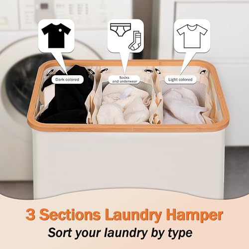 eFluky 3-Section Collapsible Laundry Hamper with Lid and Removable Mesh Bags, Large Beige
