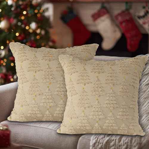 Lanpn Christmas 18x18 Throw Pillow Covers Set of 2, Winter Star Chrismas Tree Throw Pillow Cases Soft Plush Faux Fur Wool 18 x 18 Winter Cushion Cover for Indoor Home Bedroom Couch Sofa Decor (Beige)