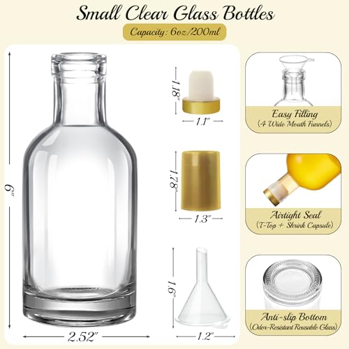 12 Pack 6oz Glass Bottles with T-Top Cork Stoppers - Clear Reusable Sample Bottles