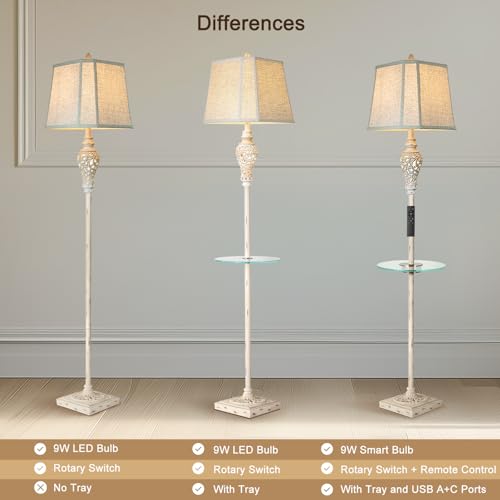 Cream Rustic Floor Lamp with Nightlight - Vintage Standing Lamp for Living Room