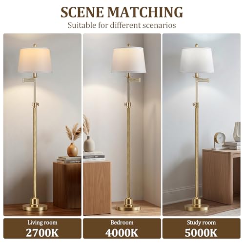 Antique Brass Floor Lamp with Swivel Swing Arm - Height Adjustable Mid Century Modern Tall Lamp for Living Room & Bedroom - LED Bulb Included