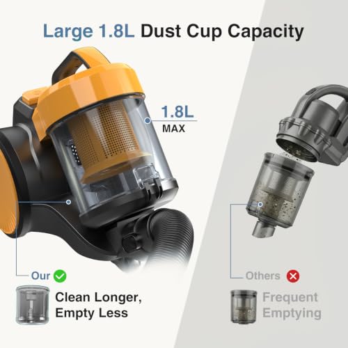 Canister Vacuum Cleaner 850W 16Kpa Bagless with HEPA Filter, 13.15x9.45x11.73 Inches - Yellow
