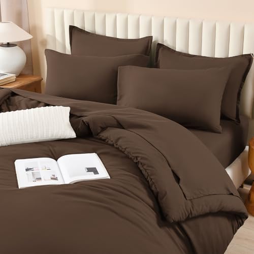 Litanika Brown King Comforter Set with Sheets - 7 Pieces, Solid Bed in a Bag, 104x90 Inches