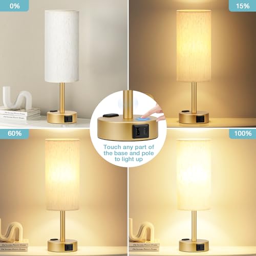 Fenmzee Cream Gold 14-inch Dimmable Bedside Touch Lamp with USB-C, USB-A & Outlet