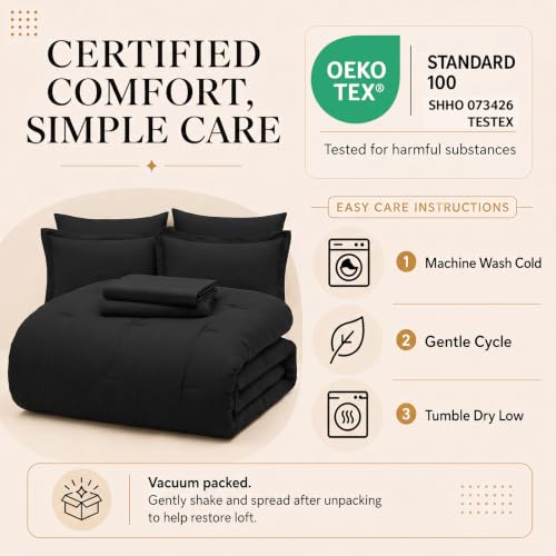 CozyLux Queen Comforter Set Black 7-Piece Bed in a Bag - All Season Microfiber Bedding