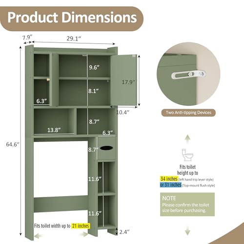 Meilocar Green Over The Toilet Storage Cabinet 64.6" Tall Bathroom Organizer with Adjustable Shelf & Toilet Paper Holder